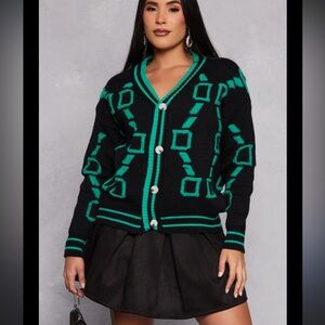 Daisy Sweater - black/green geometric print cardigan button front v-neck